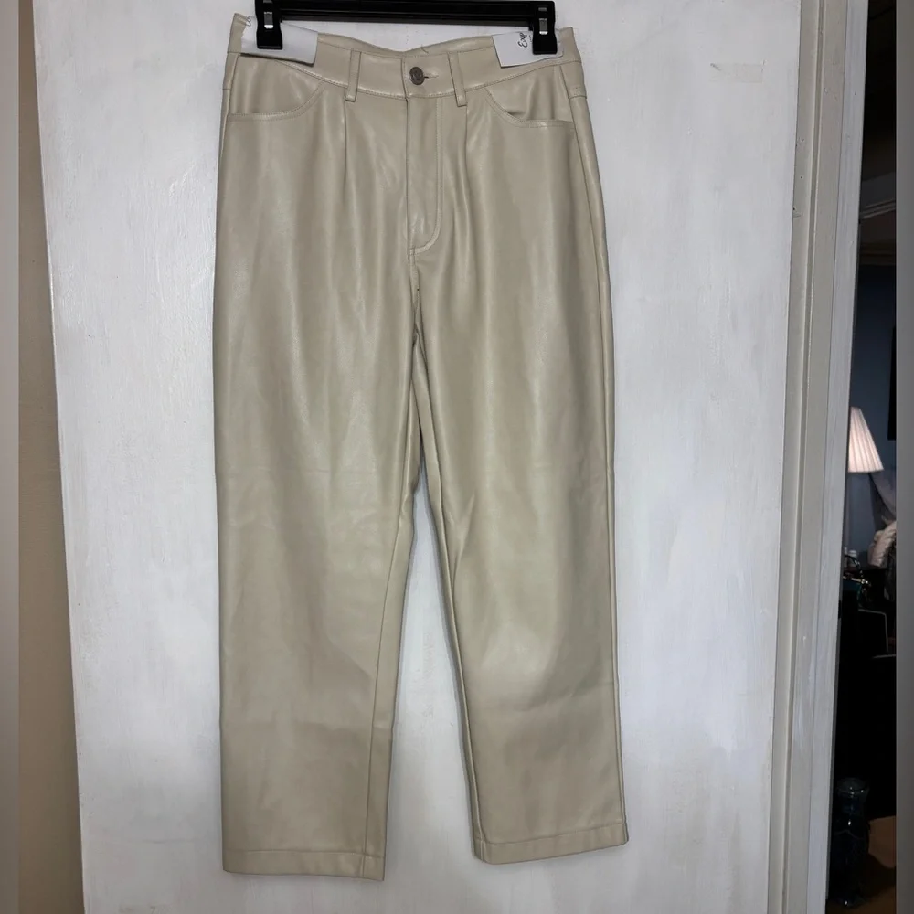 Avec Les Filles Cream Faux Leather Straight Leg Cropped Pants S